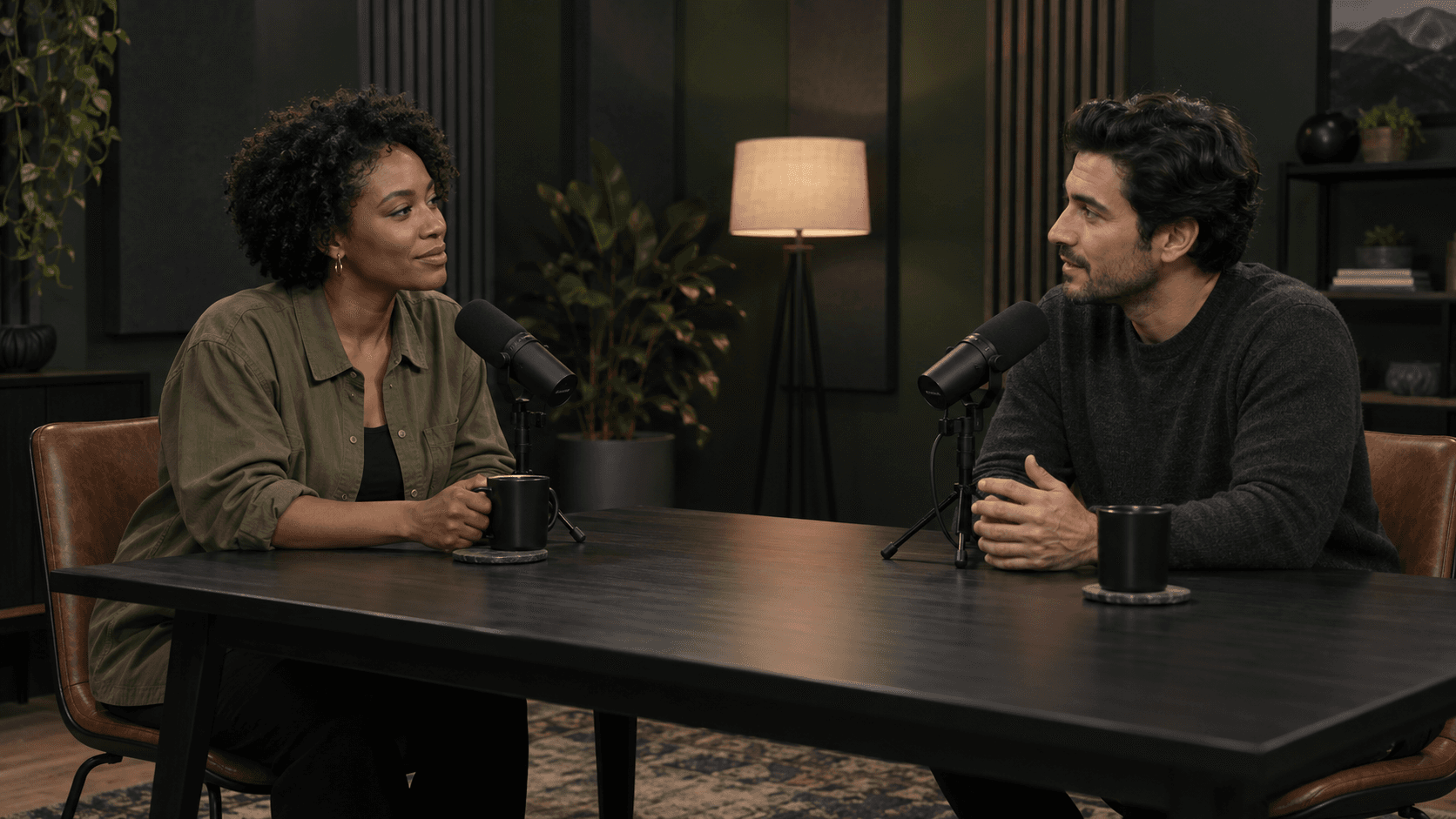 Sample footage of two people having a conversation in a recording studio